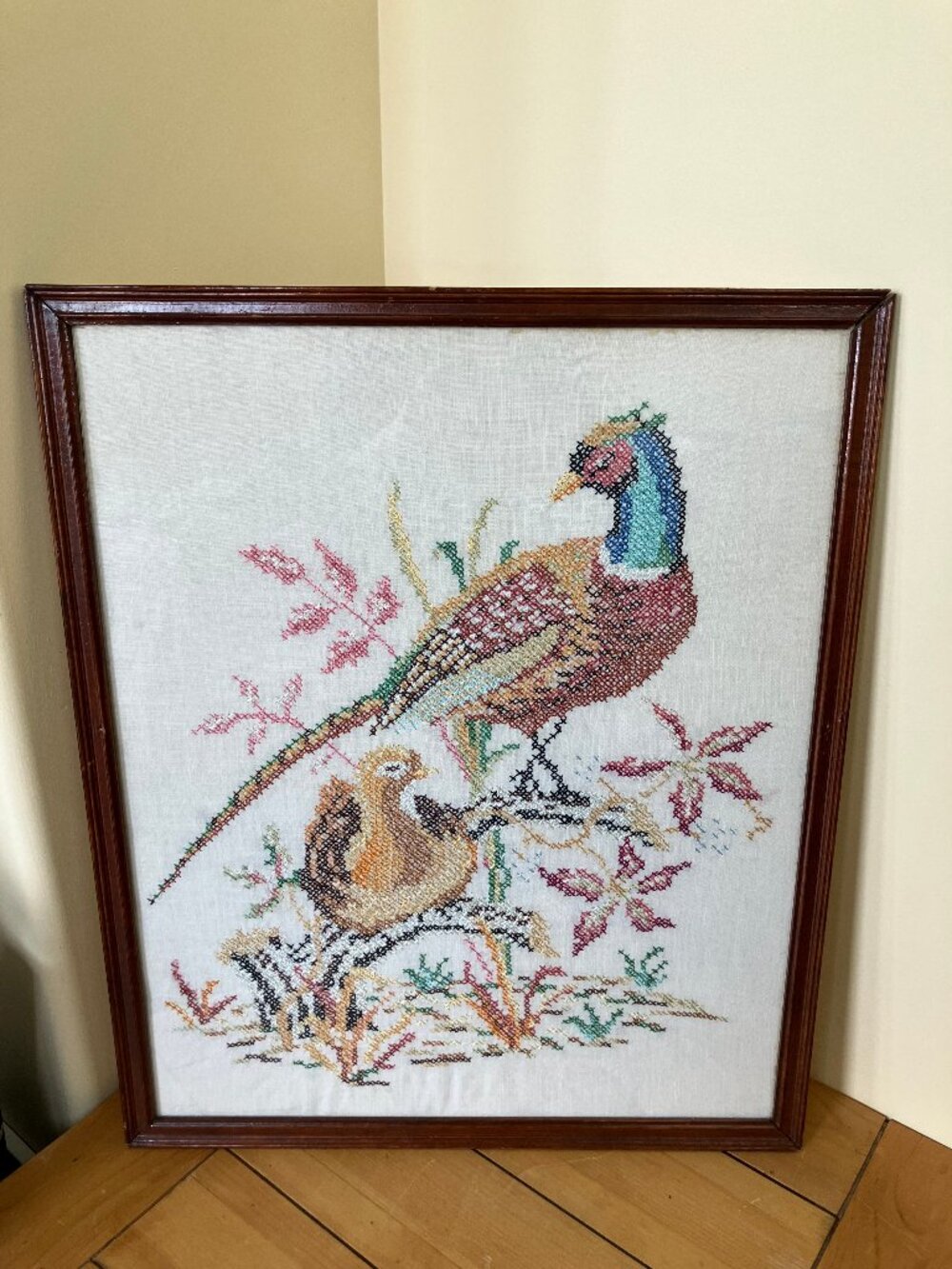 Pheasant Bird Completed Cross Stitch Embroidery Vintage Framed Picture 22.5"